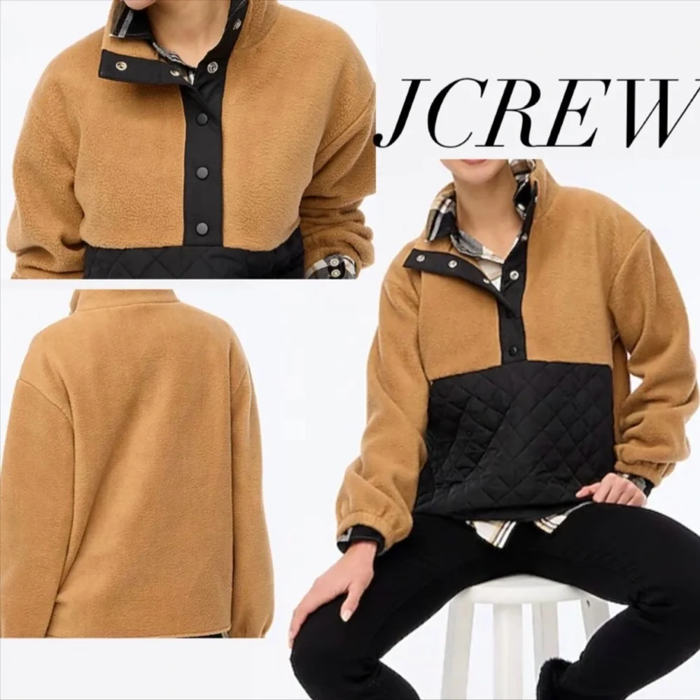 J Crew Factory Quilted Black and Tan Sherpa 1/4 Snap Neckline Pull Over Top - Picture 12 of 12